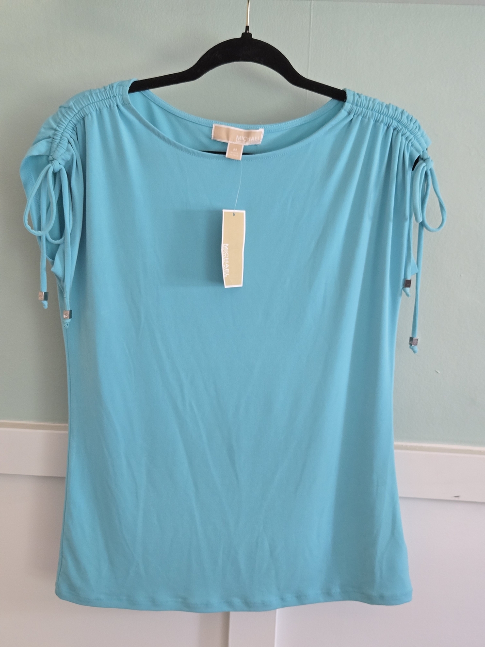 Michael Kors Women's Turquoise Round Neck Top, Drawstring Shoulder, Size MEDIUM